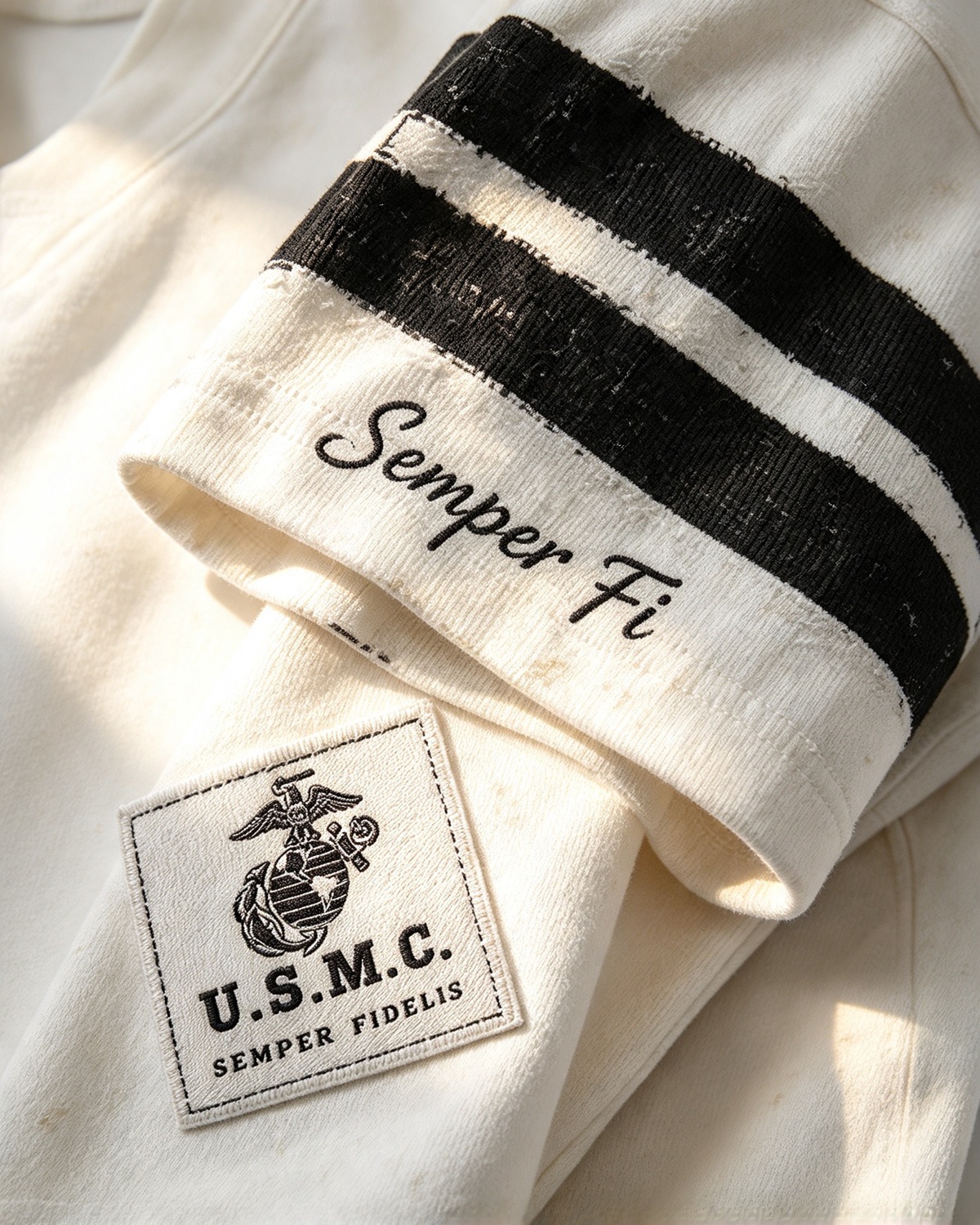 Sleeve bands and Semper Fi script close-up